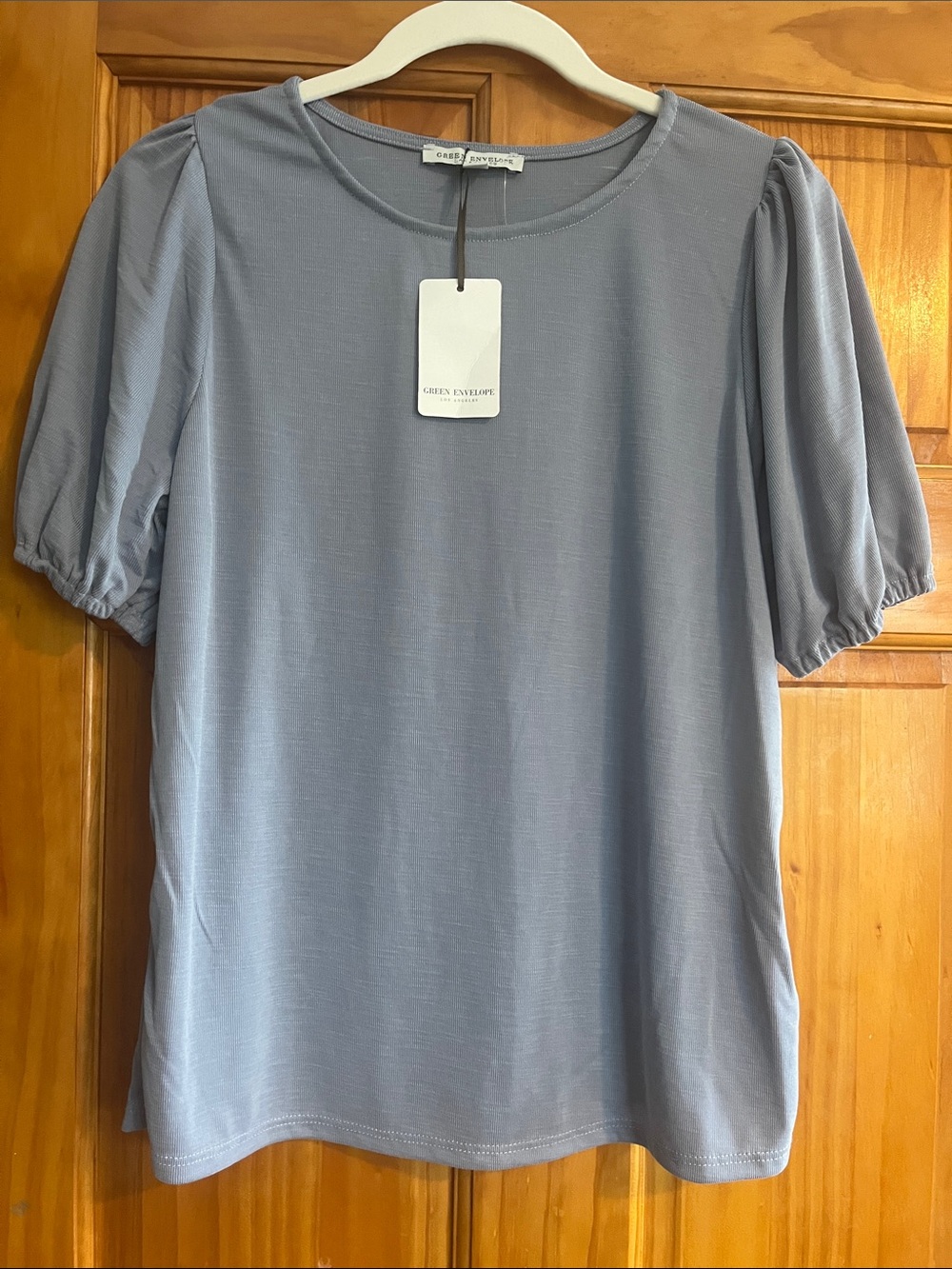 Green Envelope Short-Sleeve Puff Shoulder Top in Dusty Blue Gray